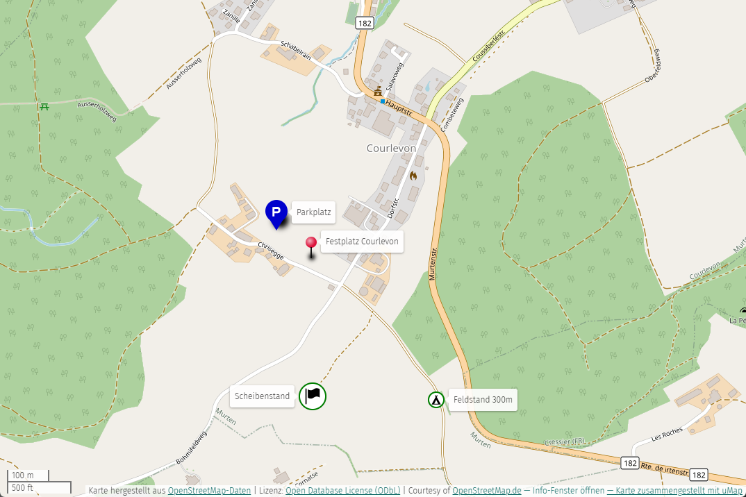 Karte von Courlevon mit Festplatz, Parkplatz und 300-m-Feldstand
